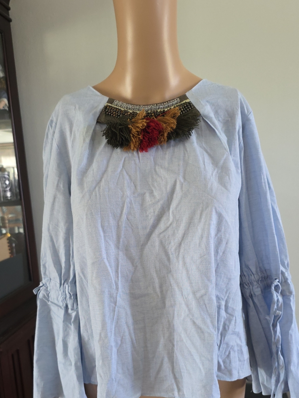 Zara Light Blue Tassel-Embellished Peasant Blouse